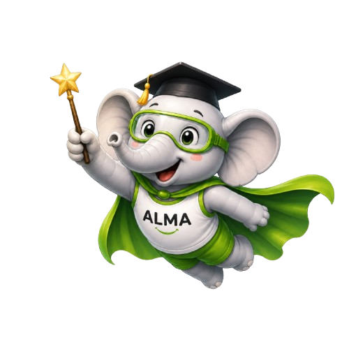 ALMA ERP mascot, a graduate elephant flying with a magic wand