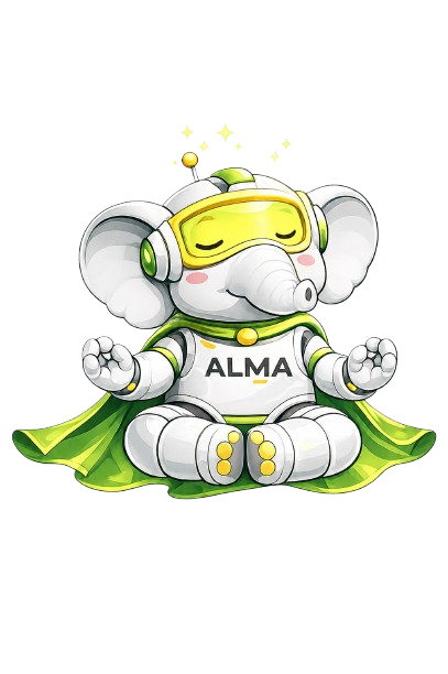 ALMA ERP mascot, a serene elephant celebrating two decades of trust and legacy